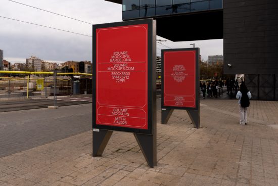 Urban outdoor advertising mockup of two red billboards in city setting perfect for presenting designs and campaigns to clients for designers.